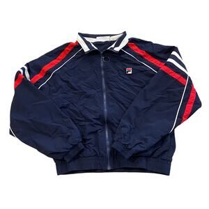 Fila Windbreaker Womens Jacket Full Zip Logo Crop Size L Blue Y2K